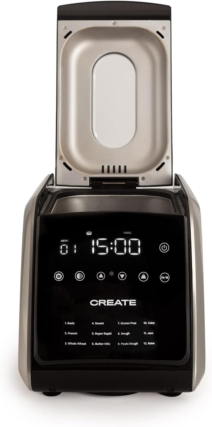 CREATE Chef Bread Automatische broodbakmachine, 850 W/12 programma's, LCD-display, 15 uur programmeerbaar, incl. accessoires 12 automatische programma's. Je kunt kiezen uit 12 programma's die op het lcd-scherm worden weergegeven. Programmeerbaar tot 15 uu