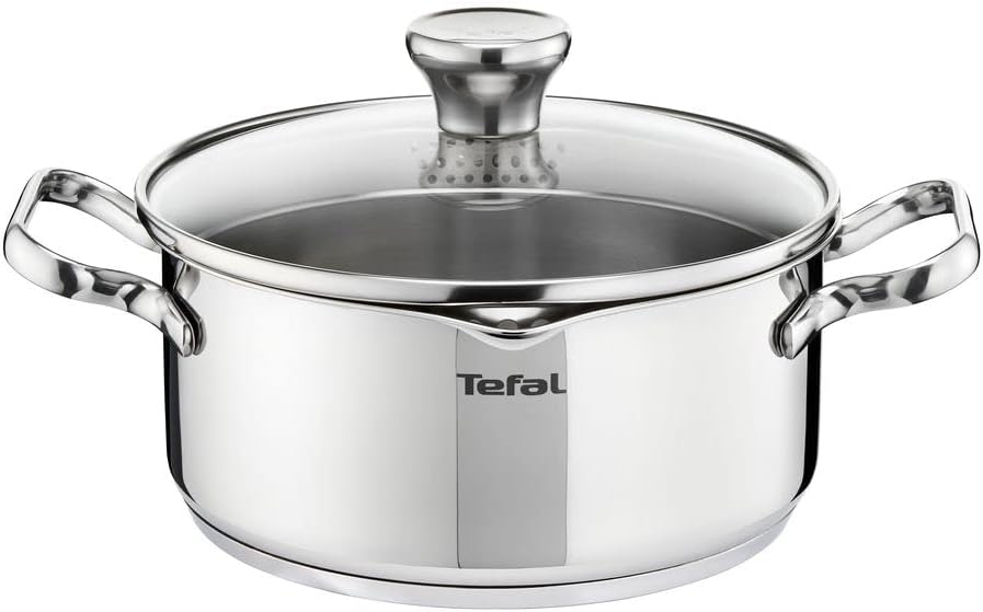 Tefal Duetto Steelpan met Glazen Deksel Roestvrij Staal Gemaakt van duurzaam en kwalitiatief 18/10 roestvrij staal en daarom komt de pan met 10 jaar garantie Stevig geklonken handgrepen voor extra comfort tijdens het koken Incl. maatverdeling aan de binne