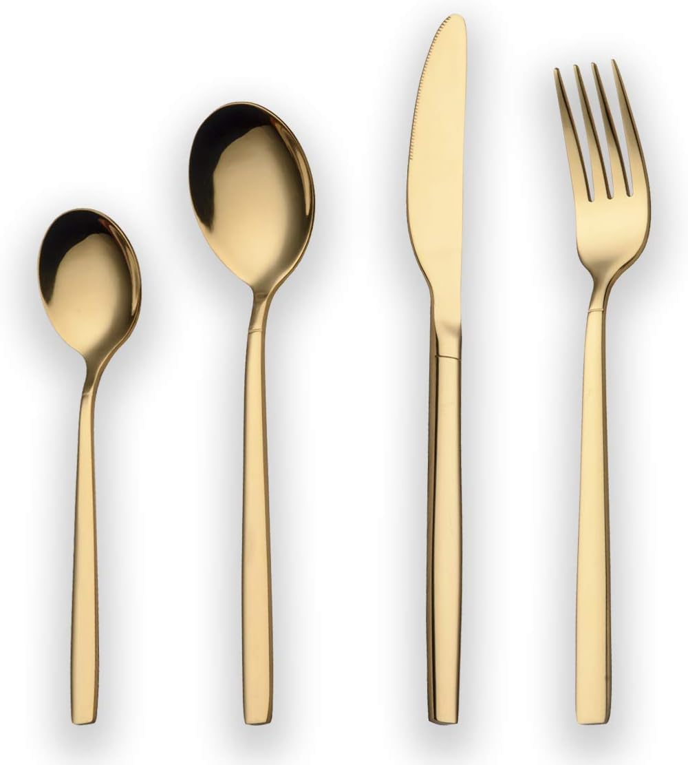 Berglander 30-delige vergulde bestekset glanzend goud Over dit item 30 stuks bevatten: 6 van elk, dinerlepel, dinervork, dinermes, theelepel, theevork Duurzaam, buigt niet; Sterk antiroest, ontwikkeld voor een goede grip voor volwassenen en kinderen. Goed
