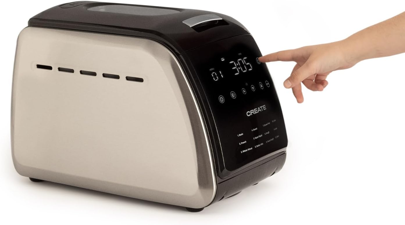 CREATE Chef Bread Automatische broodbakmachine, 850 W/12 programma's, LCD-display, 15 uur programmeerbaar, incl. accessoires 12 automatische programma's. Je kunt kiezen uit 12 programma's die op het lcd-scherm worden weergegeven. Programmeerbaar tot 15 uu