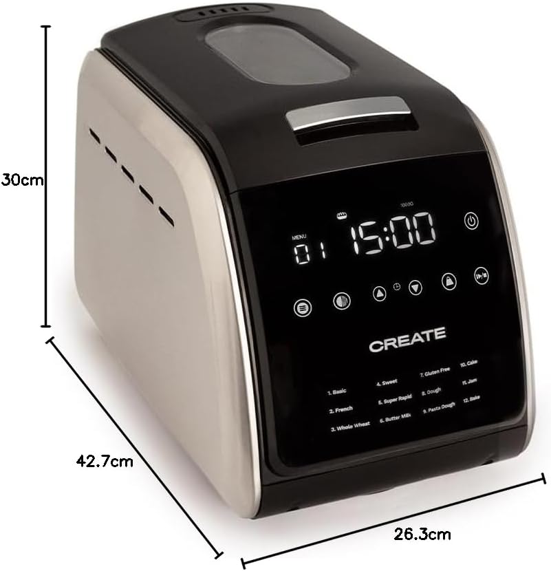 CREATE Chef Bread Automatische broodbakmachine, 850 W/12 programma's, LCD-display, 15 uur programmeerbaar, incl. accessoires 12 automatische programma's. Je kunt kiezen uit 12 programma's die op het lcd-scherm worden weergegeven. Programmeerbaar tot 15 uu