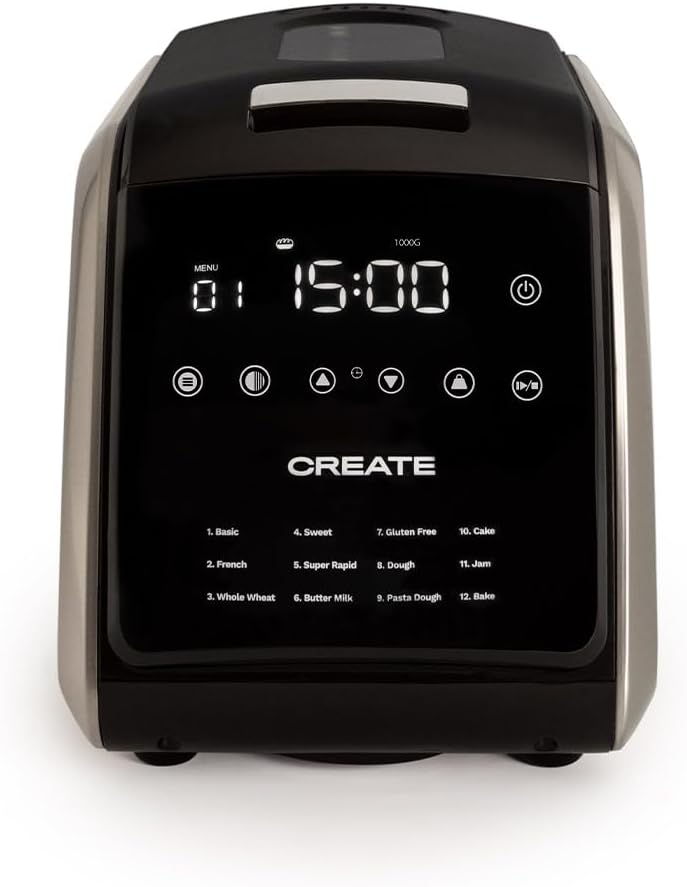 CREATE Chef Bread Automatische broodbakmachine, 850 W/12 programma's, LCD-display, 15 uur programmeerbaar, incl. accessoires 12 automatische programma's. Je kunt kiezen uit 12 programma's die op het lcd-scherm worden weergegeven. Programmeerbaar tot 15 uu