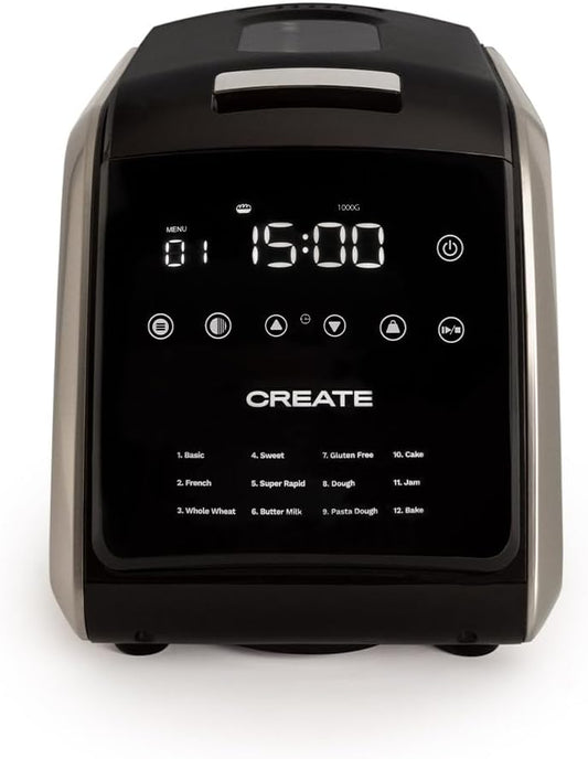 CREATE Chef Bread Automatische broodbakmachine, 850 W/12 programma's, LCD-display, 15 uur programmeerbaar, incl. accessoires 12 automatische programma's. Je kunt kiezen uit 12 programma's die op het lcd-scherm worden weergegeven. Programmeerbaar tot 15 uu