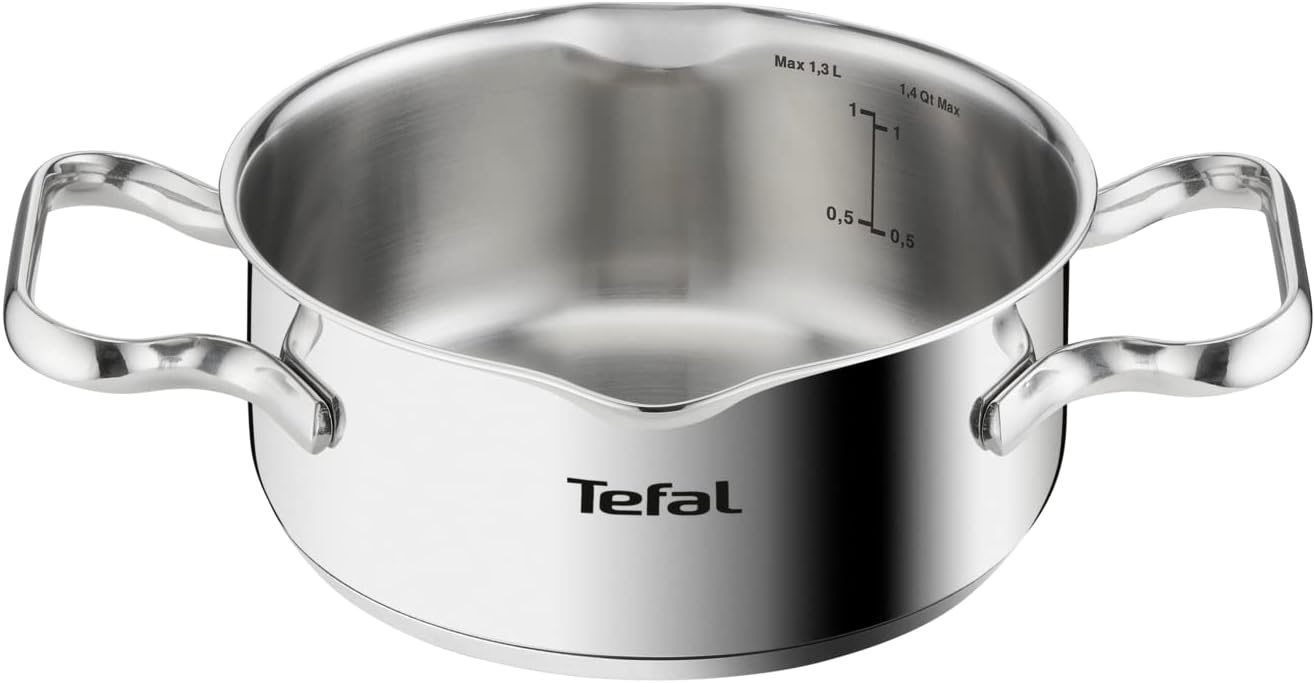 Tefal Duetto Steelpan met Glazen Deksel Roestvrij Staal Gemaakt van duurzaam en kwalitiatief 18/10 roestvrij staal en daarom komt de pan met 10 jaar garantie Stevig geklonken handgrepen voor extra comfort tijdens het koken Incl. maatverdeling aan de binne
