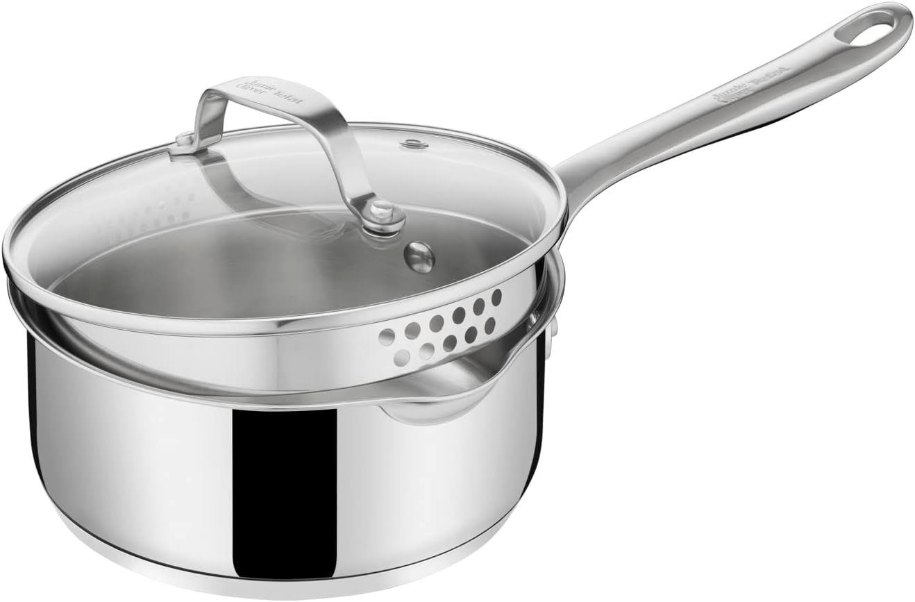Jamie Oliver Cook's Direct 5-delige pannenset Duurzame coating versterkt met titanium deeltjes, waardoor deze krasbestendig en gemakkelijker schoon te maken is Hoogwaardige pannen die veilig zijn voor het hele gezin, zonder PFOA, lood of cadmium Geschikt