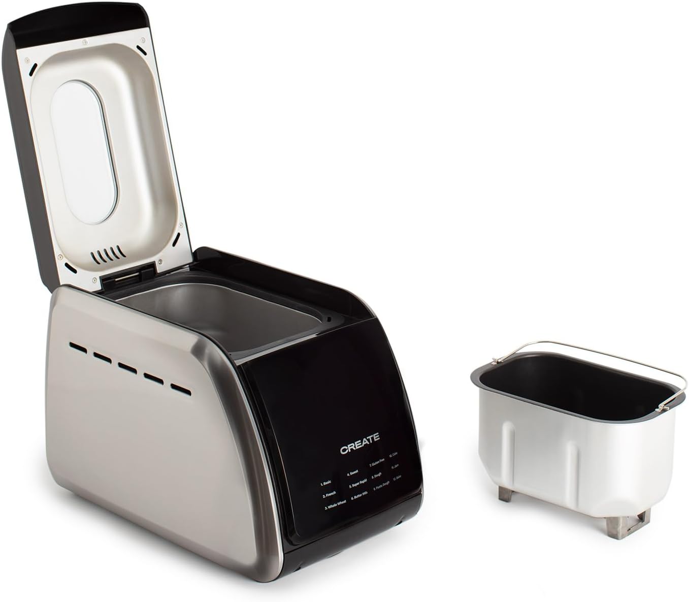 CREATE Chef Bread Automatische broodbakmachine, 850 W/12 programma's, LCD-display, 15 uur programmeerbaar, incl. accessoires 12 automatische programma's. Je kunt kiezen uit 12 programma's die op het lcd-scherm worden weergegeven. Programmeerbaar tot 15 uu