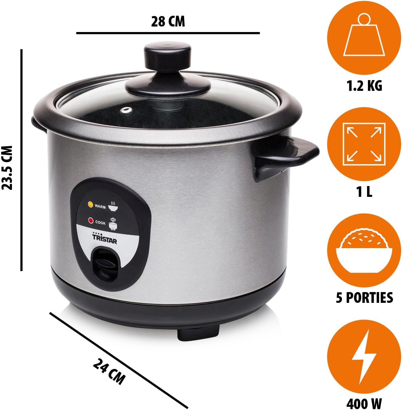 Tristar Rijstkoker – 2.2 liter – warmhoudfunctie - Silver Over dit item Mini rijstkoker met een inhoud van 0,6 liter voor 3 porties rijst. Lengte netsnoer (m): 1,1 m. Diameter: 17 cm Veilig in gebruik dankzij droogkookbeveiliging Zachte en heerlijke rijst