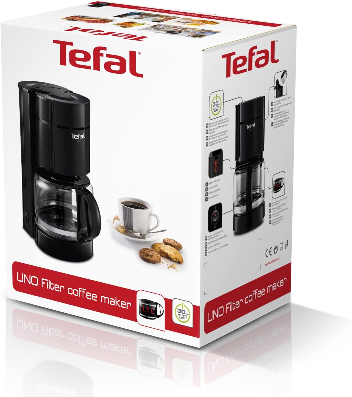Tefal Uno koffiezetapparaat, CM1218, filter, 1.1L, tot 12 kopjes, Druppelstop, zwarte behuizing, Warmhoudfunctie Koffiezetapparaat voor heerlijke filter koffie De glazen kan heeft een capaciteit van 1,1L: zet tot 12 kopjes koffie tegelijkertijd. Glanzend