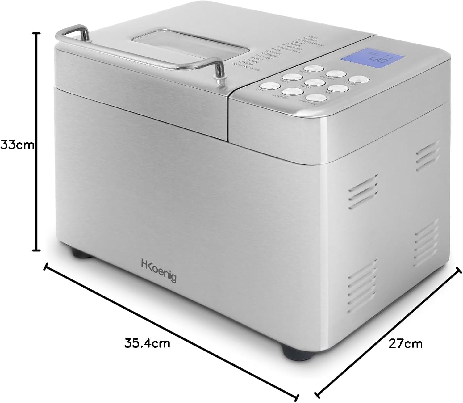 H.Koenig Broodbakmachine BAKE440 15 programma's [Veelzijdig]: deze broodbakmachine biedt drie verschillende broodmaten - 500 g, 750 g en 1000 g - en 15 geïntegreerde programma's, waaronder een glutenvrij programma en extra opties zoals jam en yoghurt. [Ge