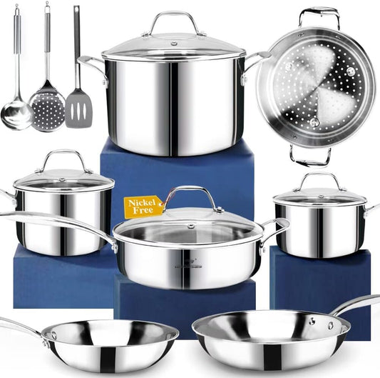 HOMICHEF 14-delige nikkelvrije roestvrijstalen kookgerei set Over dit item 14-STUKS GEHELE CLAD 3-PLY NICKEL VRIJ RVS PRIME COOKWARE SET 1. Gemaakt van geheel bekleed 3-laags nikkelvrij roestvrij staal dat gezonder is dan gewone SS. 2. Geheel beklede 3-la