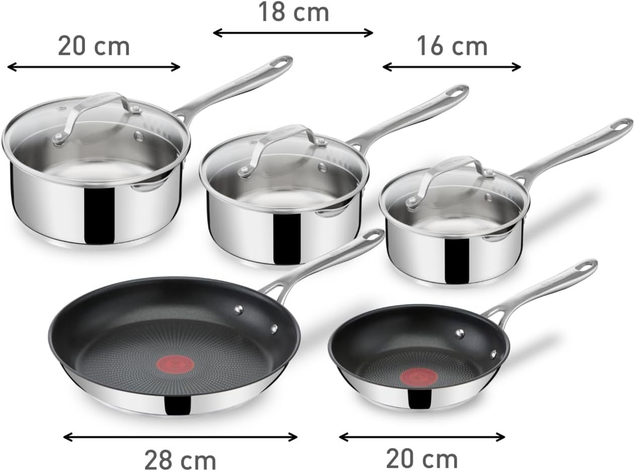 Jamie Oliver Cook's Direct 5-delige pannenset Duurzame coating versterkt met titanium deeltjes, waardoor deze krasbestendig en gemakkelijker schoon te maken is Hoogwaardige pannen die veilig zijn voor het hele gezin, zonder PFOA, lood of cadmium Geschikt
