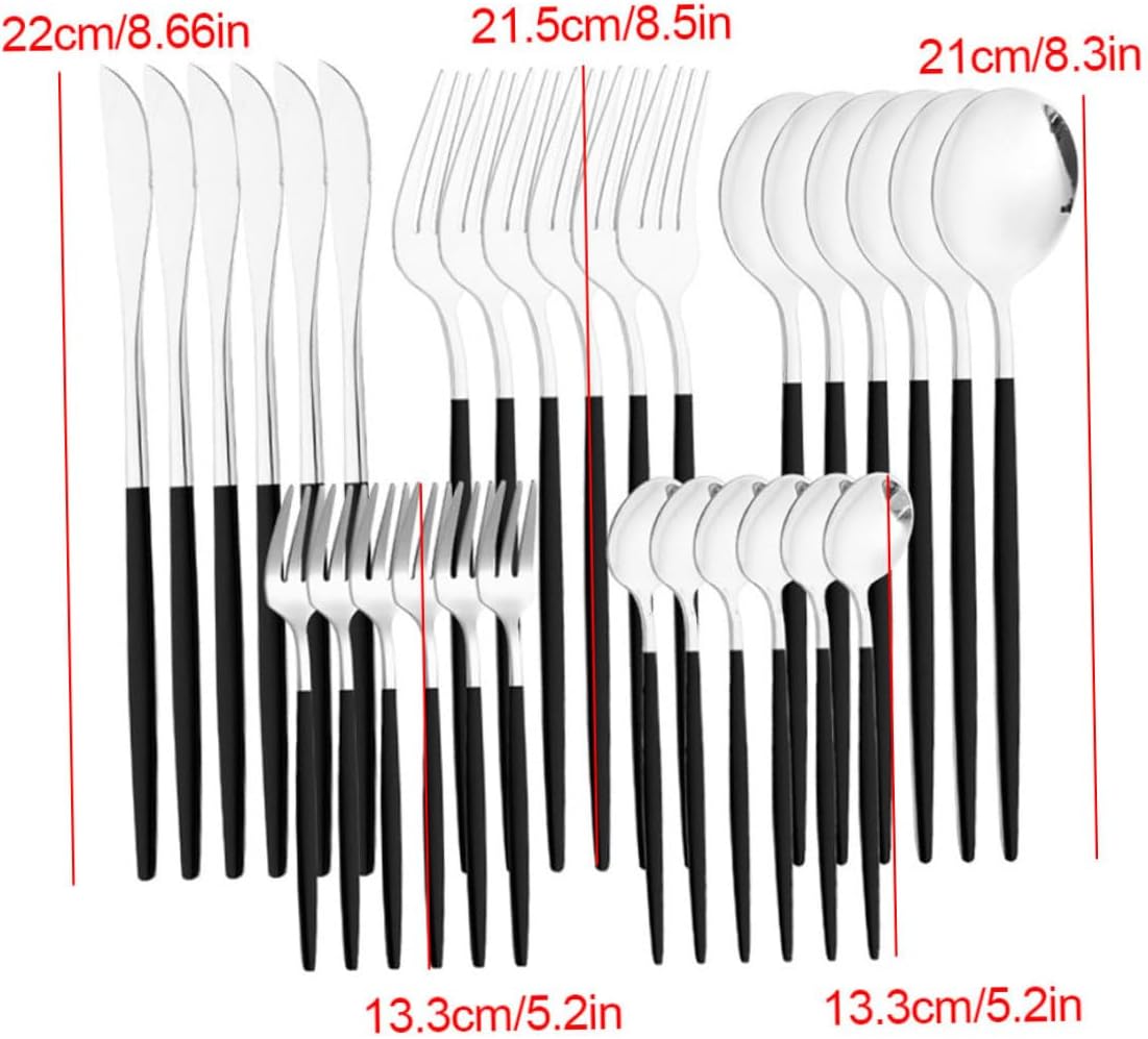 30Pcs Zilverwerk Set, Zwart Roestvrij Staal Bestek Set Spiegel Gepolijst Over dit item Zilverwerk Set met elegante uitstraling past bij bijna alle stijlen van servies en keukens.Of u nu kiest voor handwas en drogen, of machinewas, ons zilverwerk blijft br