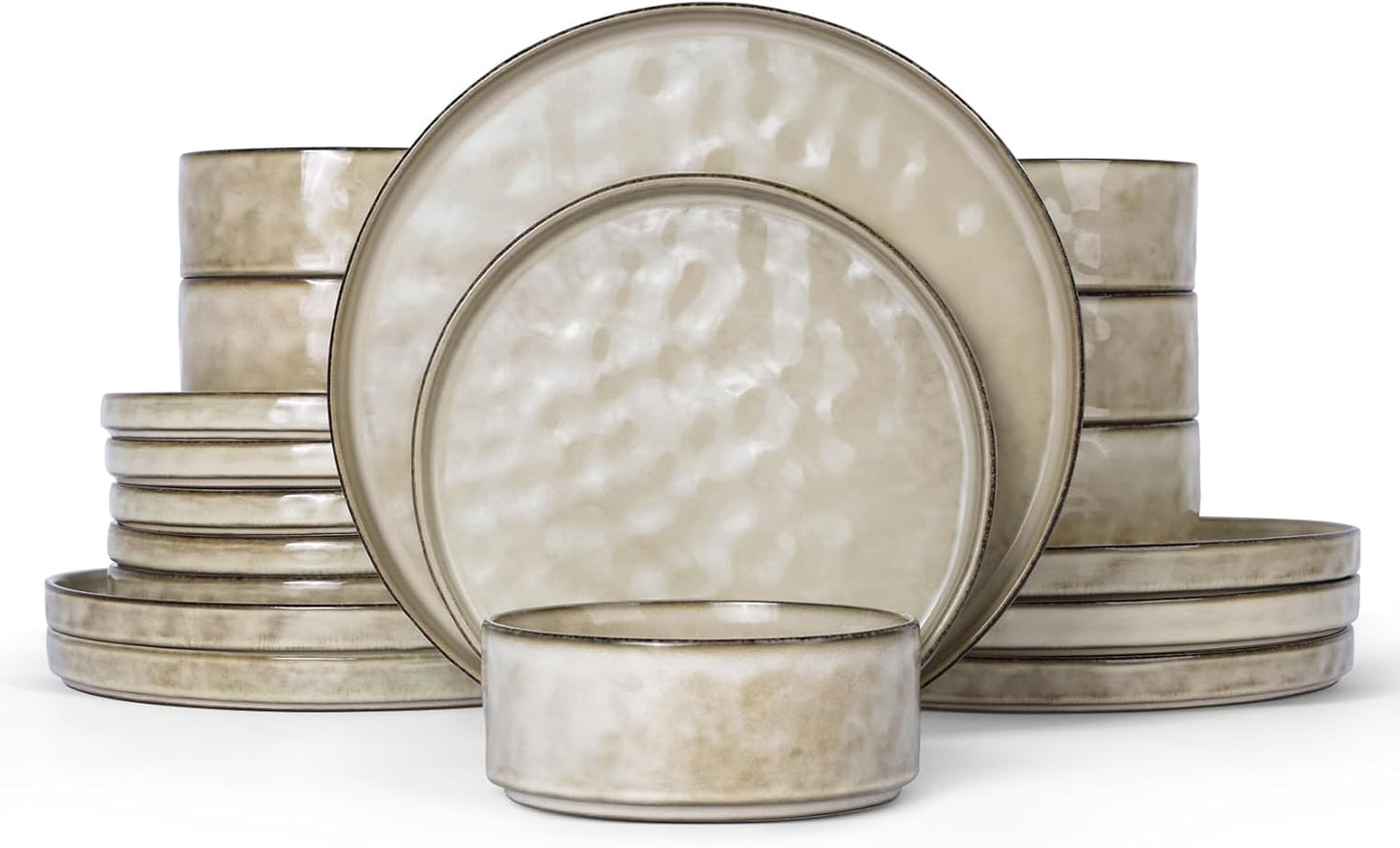 Onader Serviesset, 18-delig aardewerk, tafelserviesset, mueslikommen, platte borden en dessertborden, set voor 6 personen, anti-kras en magnetronbestendig, cappuccino kaki Onader 18-delige tafelserviesset van aardewerk is gemaakt van premium klei met reac
