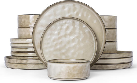 Onader Serviesset, 18-delig aardewerk, tafelserviesset, mueslikommen, platte borden en dessertborden, set voor 6 personen, anti-kras en magnetronbestendig, cappuccino kaki Onader 18-delige tafelserviesset van aardewerk is gemaakt van premium klei met reac