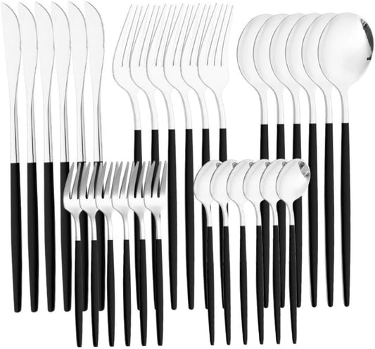 30Pcs Zilverwerk Set, Zwart Roestvrij Staal Bestek Set Spiegel Gepolijst Over dit item Zilverwerk Set met elegante uitstraling past bij bijna alle stijlen van servies en keukens.Of u nu kiest voor handwas en drogen, of machinewas, ons zilverwerk blijft br