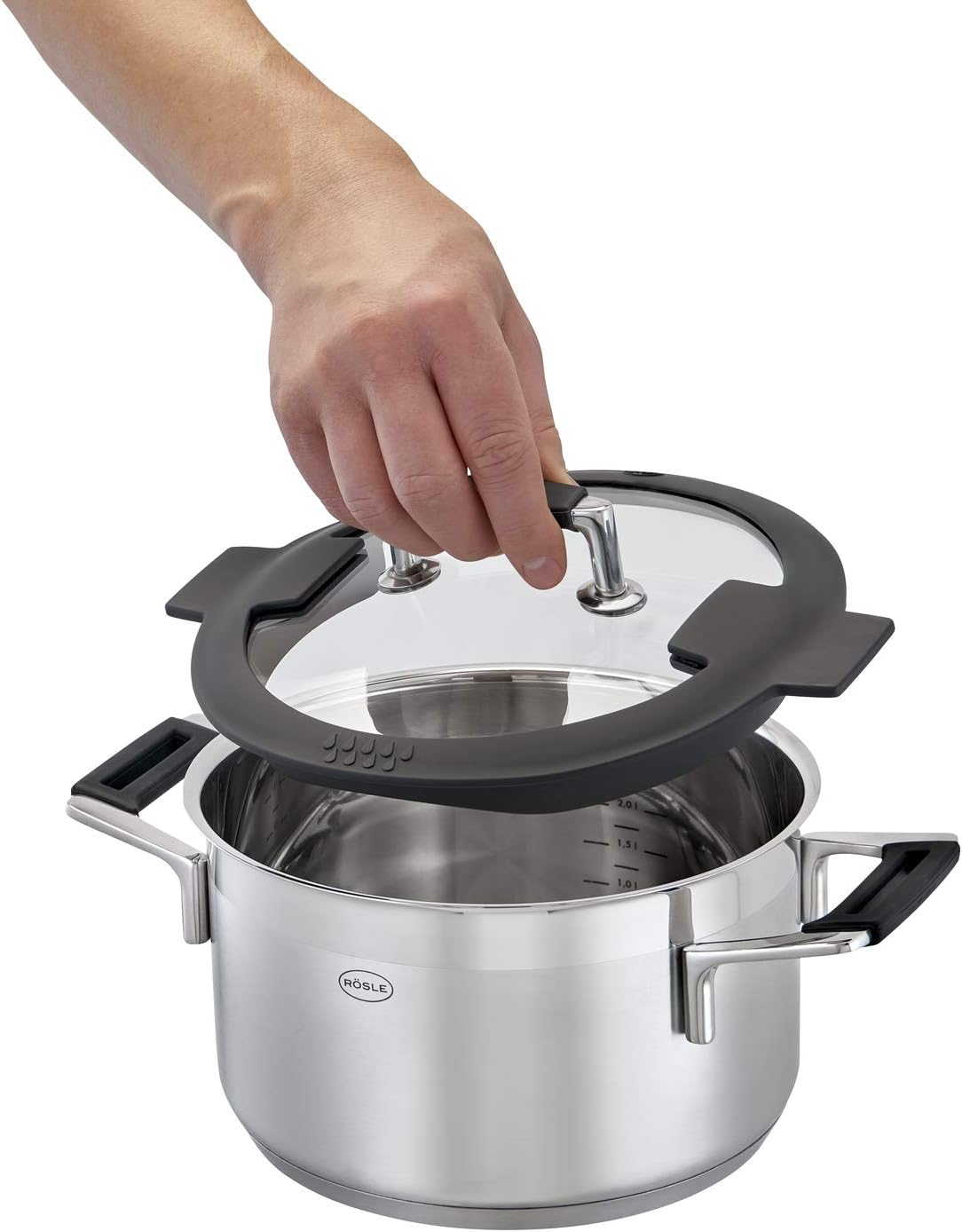 RÖSLE SILENCE PRO 5-delige pannenset met schaalverdeling RÖSLE SILENCE PRO 5-delige pannenset, Hoogwaardige universele pannenset met 3 kookpotten en 1 braadpan incl glazen deksel voor het dichtschroeien van vlees en het bereiden van knoedels, groenten en