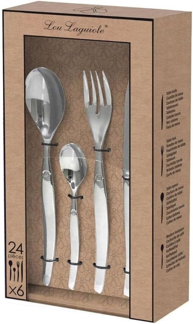 Lou Laguiole - Jet - Bestekset 24 delig Frans design Luxe bestekset voor 6 personen 18/0 edelstaal High Gloss Polished › Meer productgegevens bekijken Merk Lou Laguiole Aantal items 24 Materiaal Roestvrij staal Kleur Staal Instructies voor productverzorgi