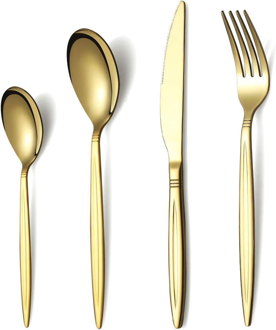 Berglander 30-delige vergulde bestekset glanzend goud Over dit item 30 stuks bevatten: 6 van elk, dinerlepel, dinervork, dinermes, theelepel, theevork Duurzaam, buigt niet; Sterk antiroest, ontwikkeld voor een goede grip voor volwassenen en kinderen. Goed