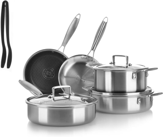KASANOVA Tri-ply pannenset pannen en potten van drievoudig roestvrij staal 🥇Materialen van superieure kwaliteit: gemaakt van drie lagen (roestvrij staal, aluminium en roestvrij staal) voor stevigheid, duurzaamheid en uitstekende prestaties. 🍳Gelijkmatig