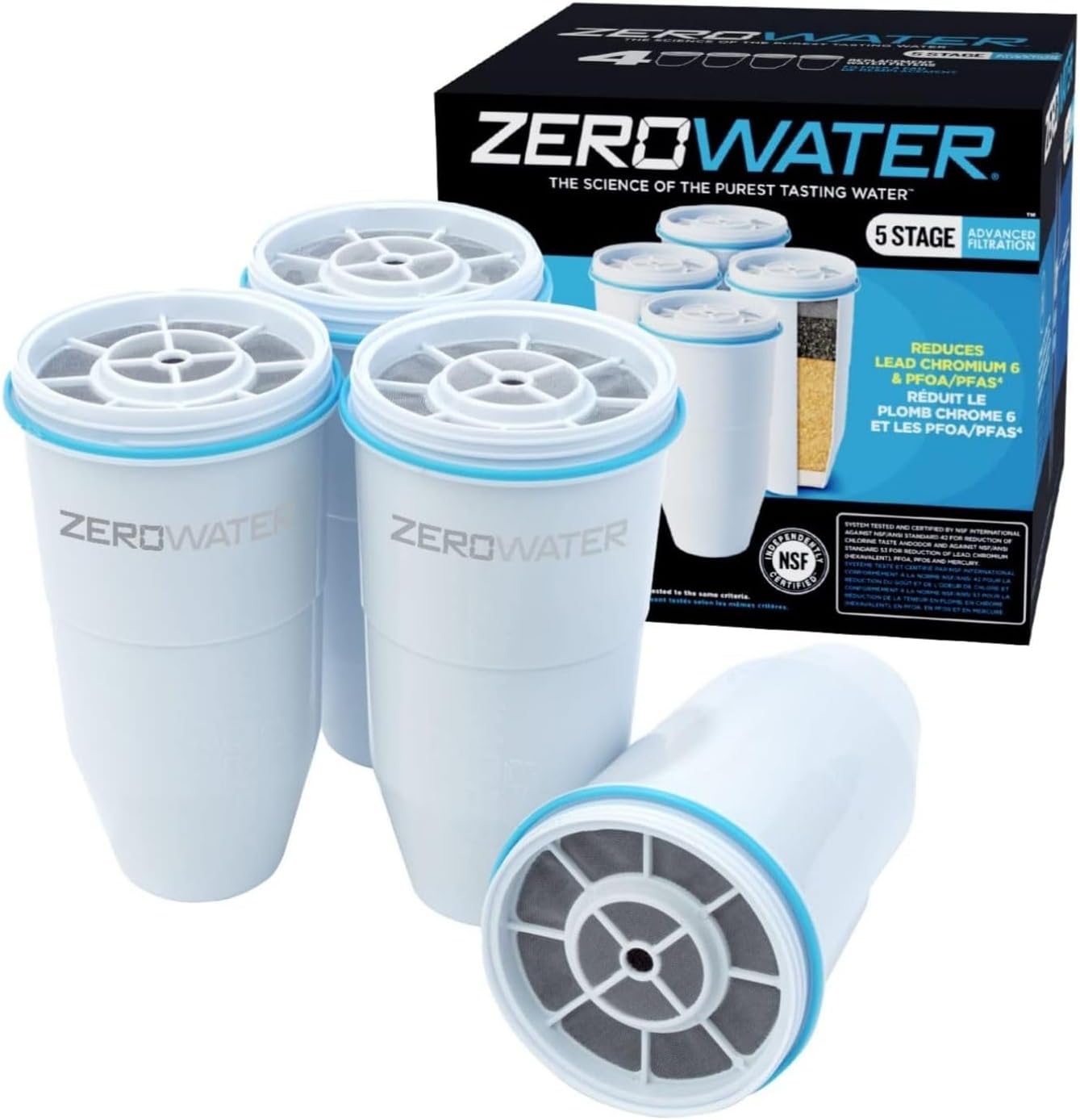 Zerowater 5-fasen Waterfilter Vervanging, NSF-gecertificeerd om Lood, Andere Zware Metalen en PFOA/PFOS te Verminderen, Verpakking van 4, Wit Vervangingspakket voor het filter: Geschatte filterlevensduur van 75 liter gefliterd water (de filterlevensduur k