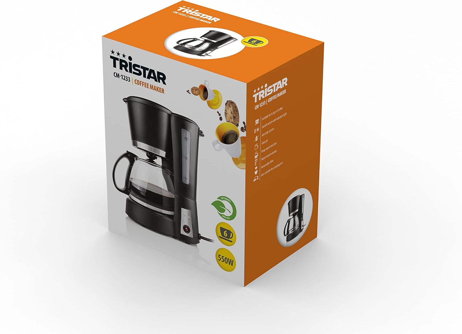Tristar CM-1233 Koffiezetapparaat – Geschikt voor 6 kopjes – Ook geschikt voor de camping Compact koffiezetapparaat met een inhoud van 0.6 liter, geschikt voor 6 kopjes koffie Stijlvol ontwerp met een matzwarte afwerking, roestvrijstalen details en glazen