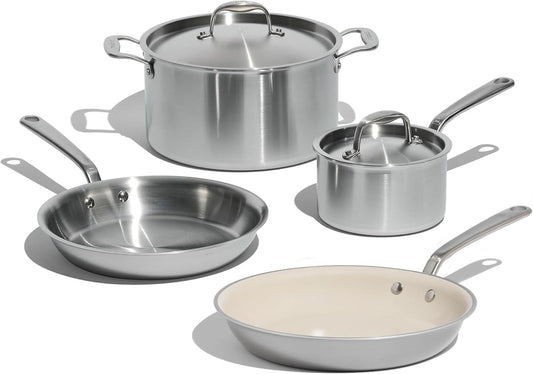 Kookgerei - 10-delige roestvrijstalen pot en pannenset 5-laags bekleed Over dit item Soms snijden elleboogvet en water alleen het niet. Houd uw roestvrijstalen en roestvrijstalen kookgerei zo glanzend mogelijk met onze milieuvriendelijke roestvrijstalen r