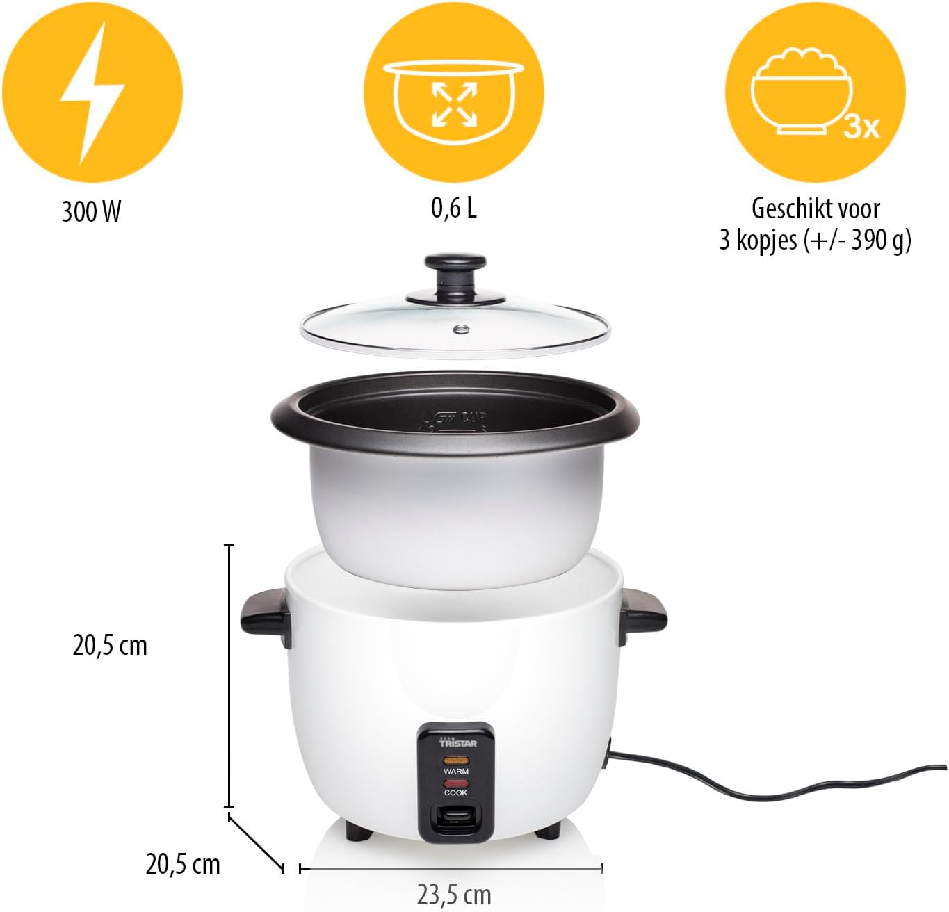Tristar Rijstkoker – 2.2 liter – warmhoudfunctie - Silver Over dit item Mini rijstkoker met een inhoud van 0,6 liter voor 3 porties rijst. Lengte netsnoer (m): 1,1 m. Diameter: 17 cm Veilig in gebruik dankzij droogkookbeveiliging Zachte en heerlijke rijst