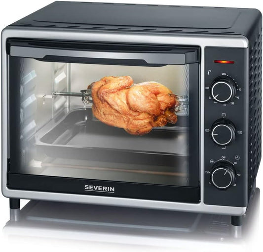 SEVERIN bak- en toastoven met heteluchtfunctie, mini-oven met grillrooster en bakplaat, 30 L inhoud, 1.600 W, zilver/zwart, TO 2056 [Energieklasse B] Betrouwbare en praktische bak- en toastoven met circulatiefunctie voor het bereiden van ovengerechten zoa