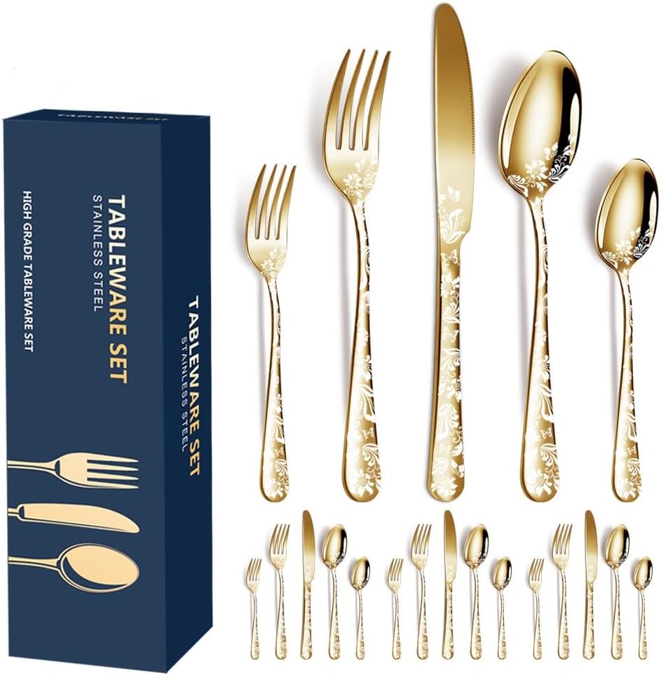 Aoresac Bestekset voor 4 personen, 20-delige bestekset van roestvrij staal Perfecte set voor het gezin: 20 stuks per set, bevat 4 messen voor het avondeten, 4 eetvorken, 4 theelepels, 4 theelepels en 4 theelepels, servies voor 4 personen, wordt gebruikt v