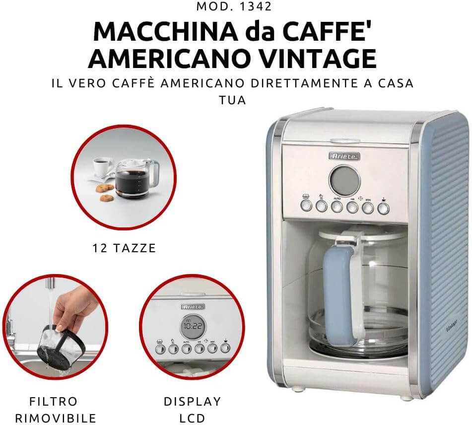 Ariete Retro Americano-koffiezetapparaat tot 12 kopjes 4 TOT 12 kopjes: Dit Americano-koffiezetapparaat met anti-druppelfunctie extraheert heerlijke, aromatisch geurende en smakelijke koffie Klaar wanneer je opstaat: dankzij de programmeerfunctie tot 24 u