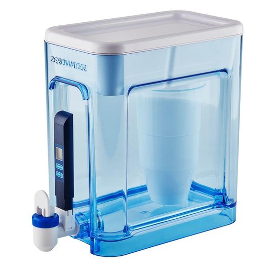 ZeroWater 22-kops kant-en-klare 5-traps waterfilterdispenser Over dit item Dispenser voor gefilterd water: De 5,2 liter 5-traps Ready-Read waterdispenser heeft een geïntegreerde TDS-meter om onmiddellijk de niveaus van opgeloste stoffen te controleren voo