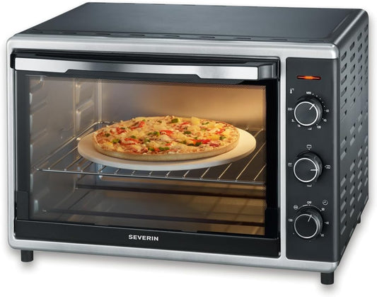 Severin To 2058 Bak-Toastoven, met Convectiefunctie, 1800 W, Incl. Pizzasteen, Zilver/Zwart Betrouwbare en praktische bak- en toastoven met recirculatiefunctie voor het bereiden van ovenschotels zoals frites, pizza of gebakken brood en cake - inclusief pi