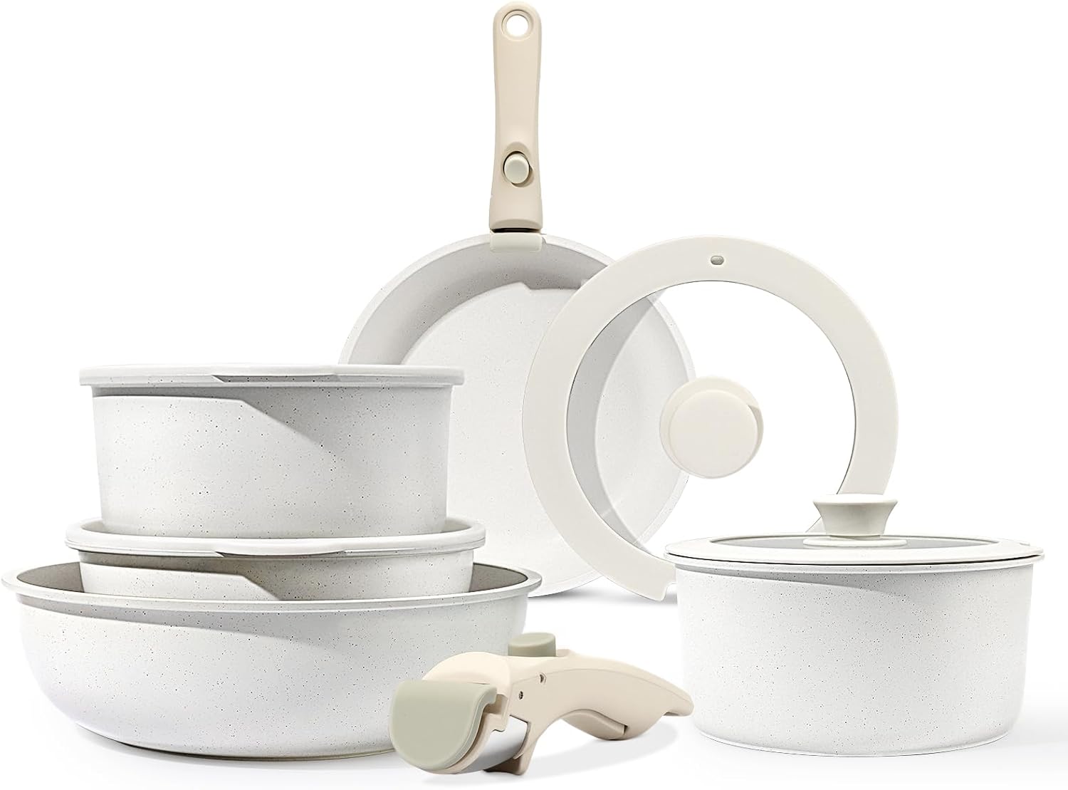 GiPP Pannenset met afneembare handgreep 11-delig 11-delige set kookgerei: 20 cm/26 cm braadpan, 26 cm braadpan met hoge rand, 18 cm/20 cm (2 l/3 l), afneembare handgreep, 2 x 16 cm/18 cm siliconen deksel, 20 cm/26 cm glazen deksel. Gezonde granieten coati