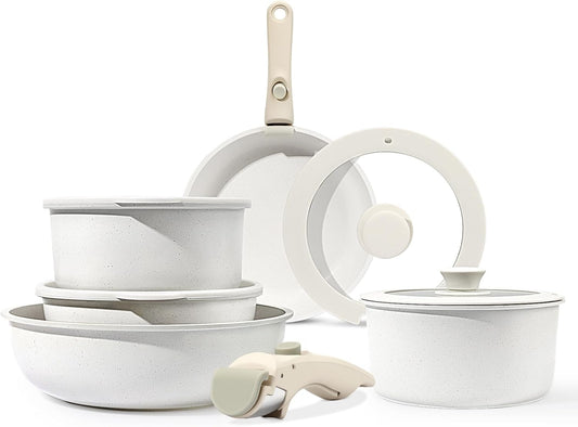 GiPP Pannenset met afneembare handgreep 11-delig 11-delige set kookgerei: 20 cm/26 cm braadpan, 26 cm braadpan met hoge rand, 18 cm/20 cm (2 l/3 l), afneembare handgreep, 2 x 16 cm/18 cm siliconen deksel, 20 cm/26 cm glazen deksel. Gezonde granieten coati