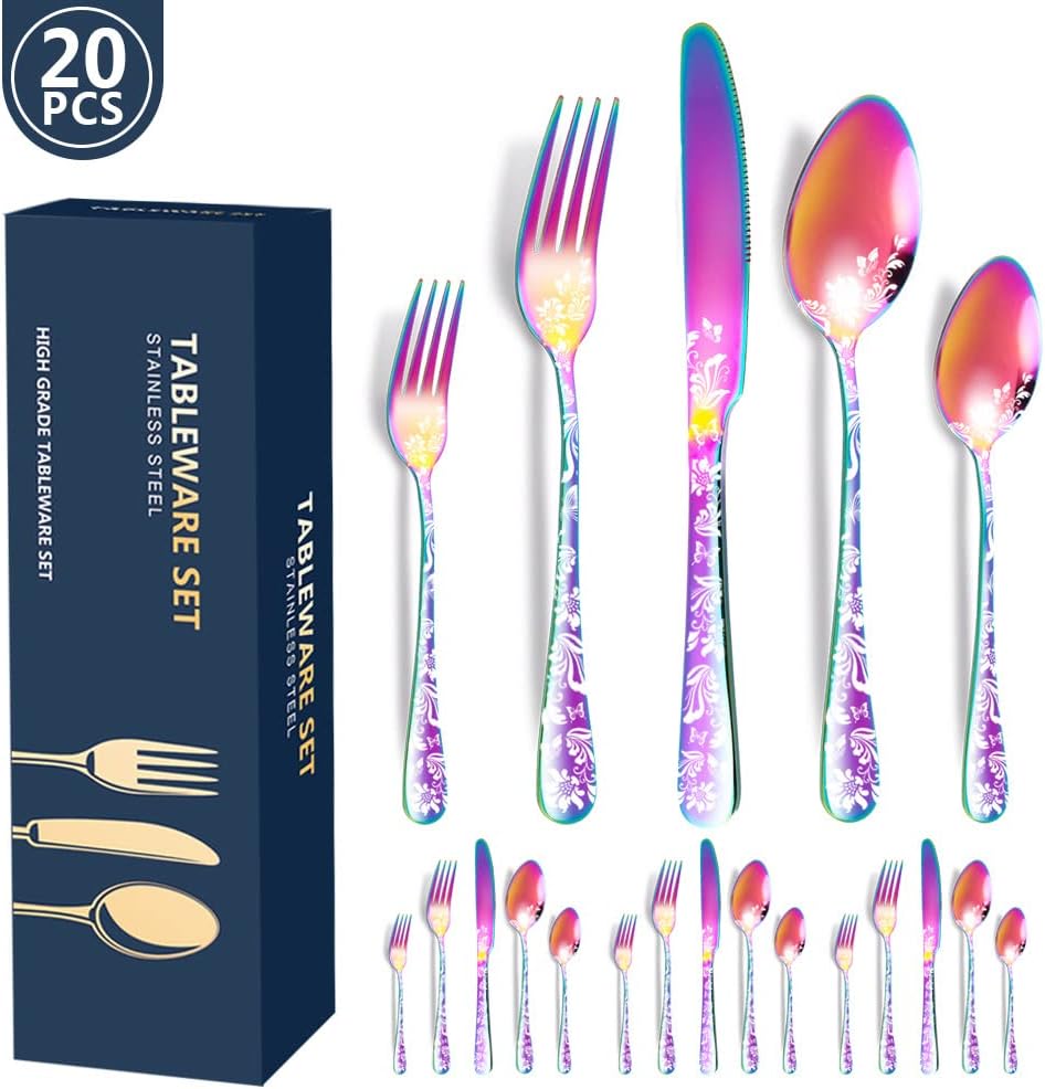 Aoresac Bestekset voor 4 personen, 20-delige bestekset van roestvrij staal Perfecte set voor het gezin: 20 stuks per set, bevat 4 messen voor het avondeten, 4 eetvorken, 4 theelepels, 4 theelepels en 4 theelepels, servies voor 4 personen, wordt gebruikt v