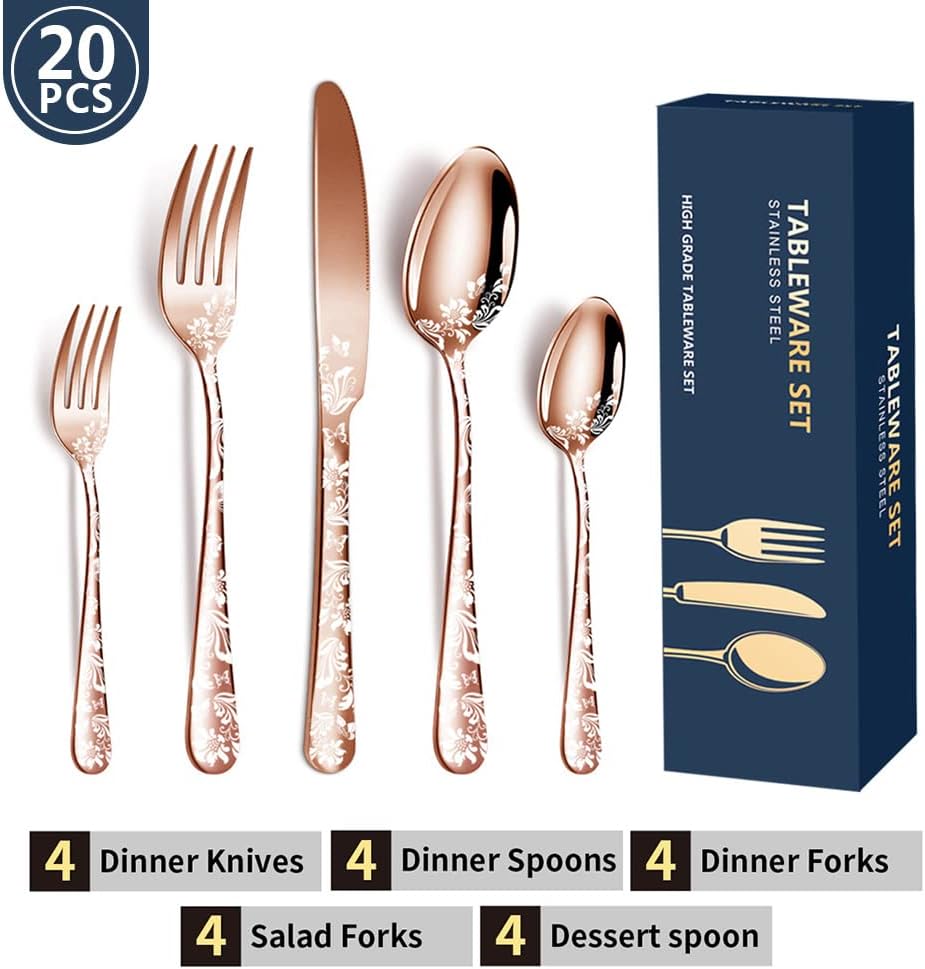 Aoresac Bestekset voor 4 personen, 20-delige bestekset van roestvrij staal Perfecte set voor het gezin: 20 stuks per set, bevat 4 messen voor het avondeten, 4 eetvorken, 4 theelepels, 4 theelepels en 4 theelepels, servies voor 4 personen, wordt gebruikt v