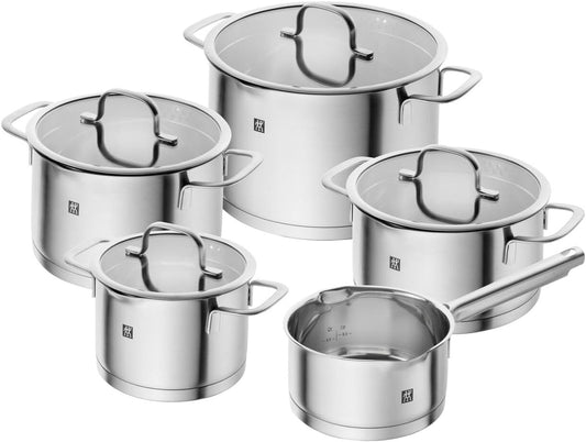 ZWILLING TrueFlow 5-delige kookpotset roestvrij staal Veelzijdige 5-delige pannenset bestaande uit 3 kookpannen (24 cm, 20 cm, 16 cm), 1 braadpan (20 cm), 1 steelpan (16 cm) voor kleine of uitgebreide gerechten voor één of meer personen Hoge kras- en slij