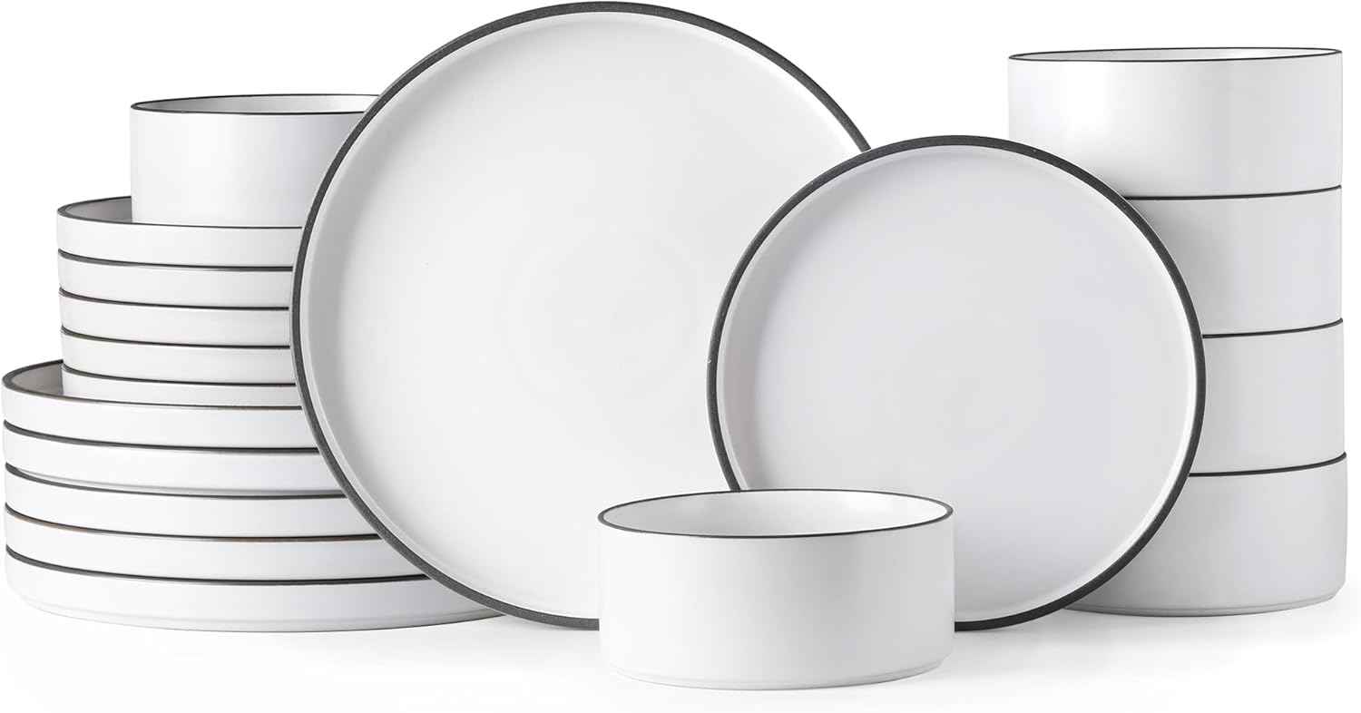 LeRatio Diner Set voor 6, 18-delige set borden en kommen van aardewerk, chip- en krasbestendig serviesset, oven- en vaatwasser- en magnetronbestendige serviesset (gespikkelde zwart-witte rand, servies LeRatio Diner Set voor 6, 18-delige set borden en komm