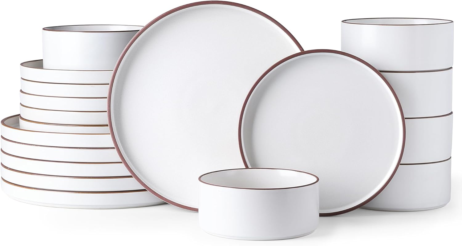 LeRatio Diner Set voor 6, 18-delige set borden en kommen van aardewerk, chip- en krasbestendig serviesset, oven- en vaatwasser- en magnetronbestendige serviesset (gespikkelde zwart-witte rand, servies LeRatio Diner Set voor 6, 18-delige set borden en komm