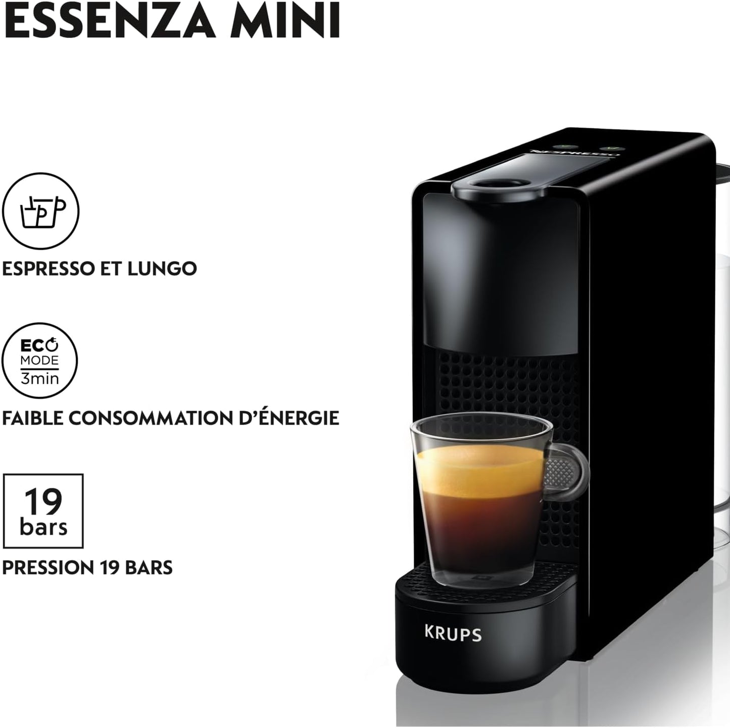Nespresso Krups Essenza Mini Piano Black Koffiepadmachine 0.6 l Over dit item Met de Nespresso Essenza Mini Piano Noir kun je tot 3 grote kopjes koffie serveren dankzij de tank van 0,6 liter. Het is niet alleen compact en zeer compact, maar heeft ook een