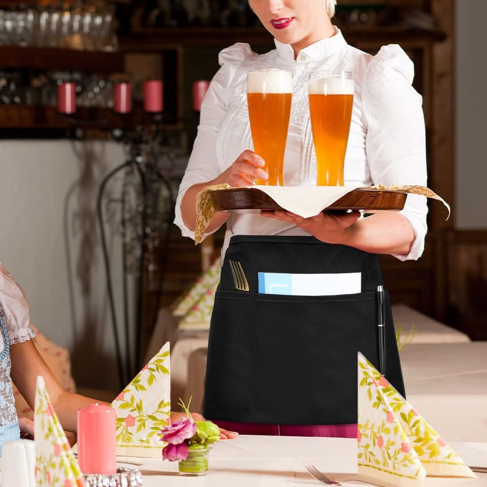 2 stuks zwarte restaurant keukenschorten met verstelbare riem en 3 zakken Over dit item Materiaal: het kelnerschort bestaat uit polyester, zacht en glad, sterk en duurzaam, wat je tegen vuil kan beschermen. Drie zakken: elk tailleschort beschikt over drie
