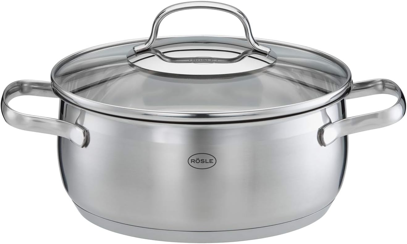 Rösle Elegance Pannenset, 10-delig, Roestvrij staal Over dit item Rösle Elegance, de pannenset van roestvrij staal, bestaat uit: Braadpan (20 cm) en kookpan (16/20/24 cm) inclusief glazen deksel, stoominzet (20 cm), sauspan met steel (16 cm), melkpan (14