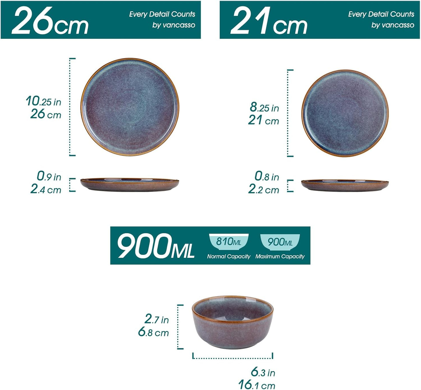 vancasso PLAYA Tafelservies voor 6 personen, 18-delig, modern, aardewerk serviesset, bevat kom, dessertborden en platte borden, vaatwasmachinebestendig, blauw Compleet assortiment servies: de moderne vancasso PLAYA serviesset voor 6 personen omvat 6 komme