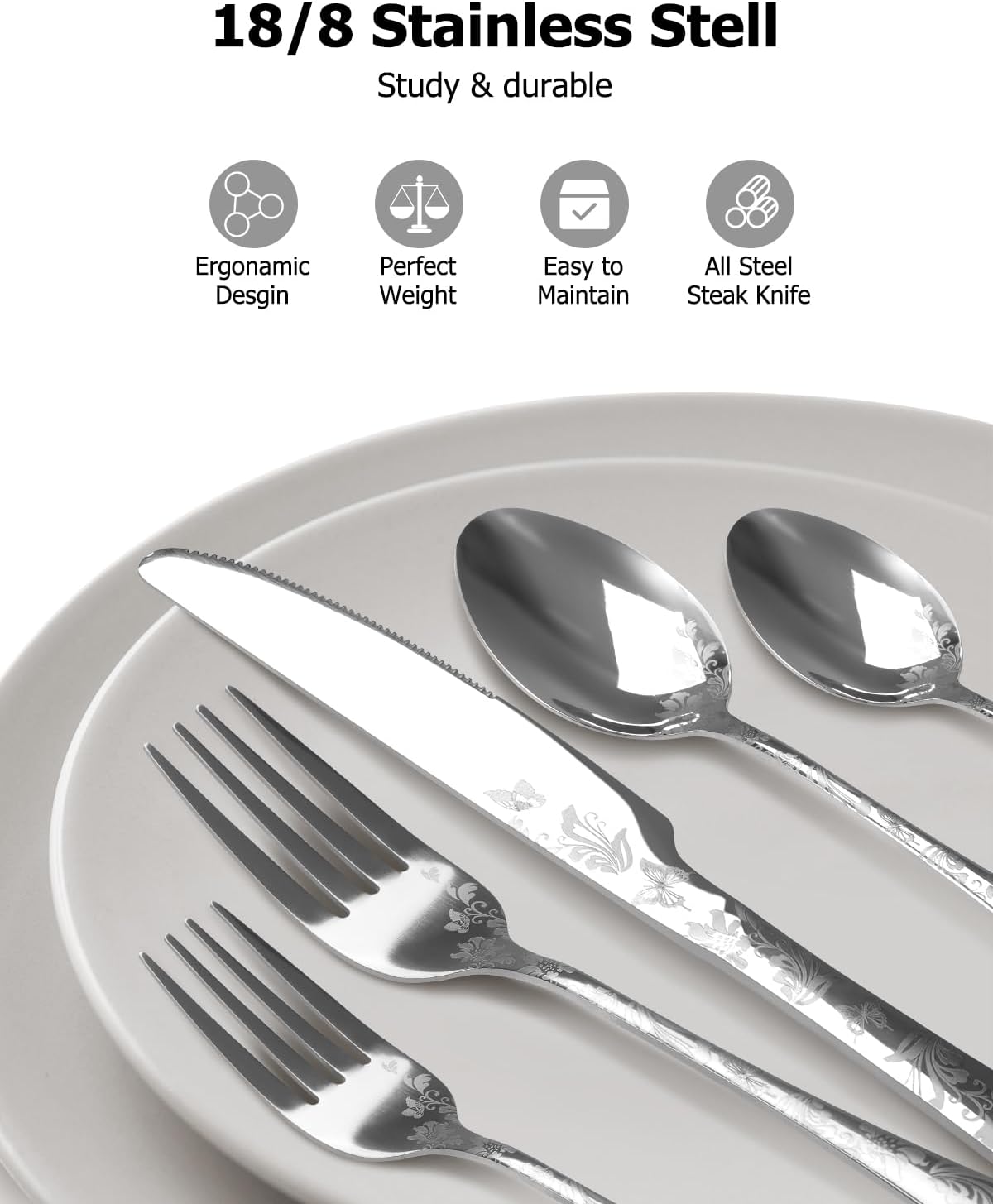 Aoresac Bestekset voor 4 personen, 20-delige bestekset van roestvrij staal Perfecte set voor het gezin: 20 stuks per set, bevat 4 messen voor het avondeten, 4 eetvorken, 4 theelepels, 4 theelepels en 4 theelepels, servies voor 4 personen, wordt gebruikt v