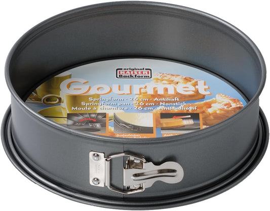 Original Kaiser Gourmet Springvorm, 24 cm, rond, met platte bodem, ronde bakvorm, lekvrij, antiaanbaklaag, hittebestendig tot 230 °C, grijs Inhoud: 1 x ronde taartvorm met platte bodem, voor taartbodems (Ø 24 cm, volume 2,6 l) – artikelnummer: 2300753829
