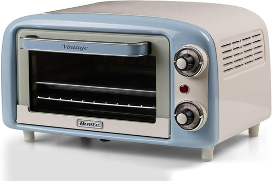 Ariete 3919 Vintage elektrische oven, 800 W, inhoud 10 l, dubbele beglazing, retro, lichtblauw De elektrische oven Vintage van Ariete met statische functie is de 10 liter elektrische oven perfect voor het bereiden van vele rijke en smakelijke gerechten. D