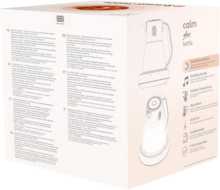 Glas Waterkoker 1,7L Temperatuurinstelling 40-100°C 2400W Er zijn 6 kleur-veranderde lampjes in de glazen waterkoker. De waterkoker heeft de vermogen van 2400 W wat zorgt voor een snelle efficiënte kook. Merk Russell Hobbs Capaciteit 1,7 Liter Materiaal G