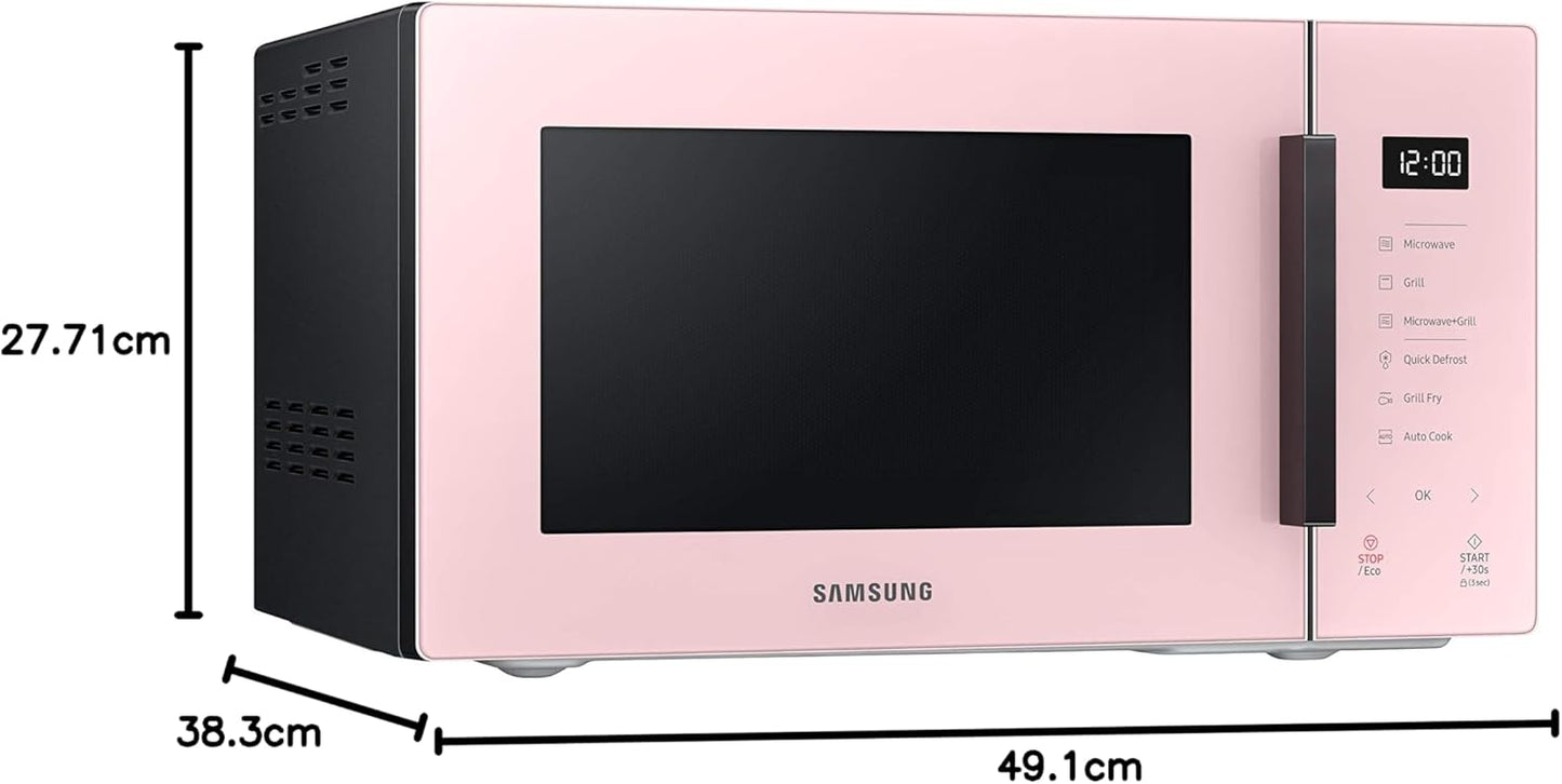 Samsung MG23T5018CP/ET Design AirFry, magnetron + grill 800 W + 1100 W, 23 l, 49 l x 27,5 h x 38 p, poeder Porseleinen gekleurd glasontwerp, aanraakpaneel dat bij je keuken past als een designelement. Samsung heeft een magnetron met een kleurrijk design g