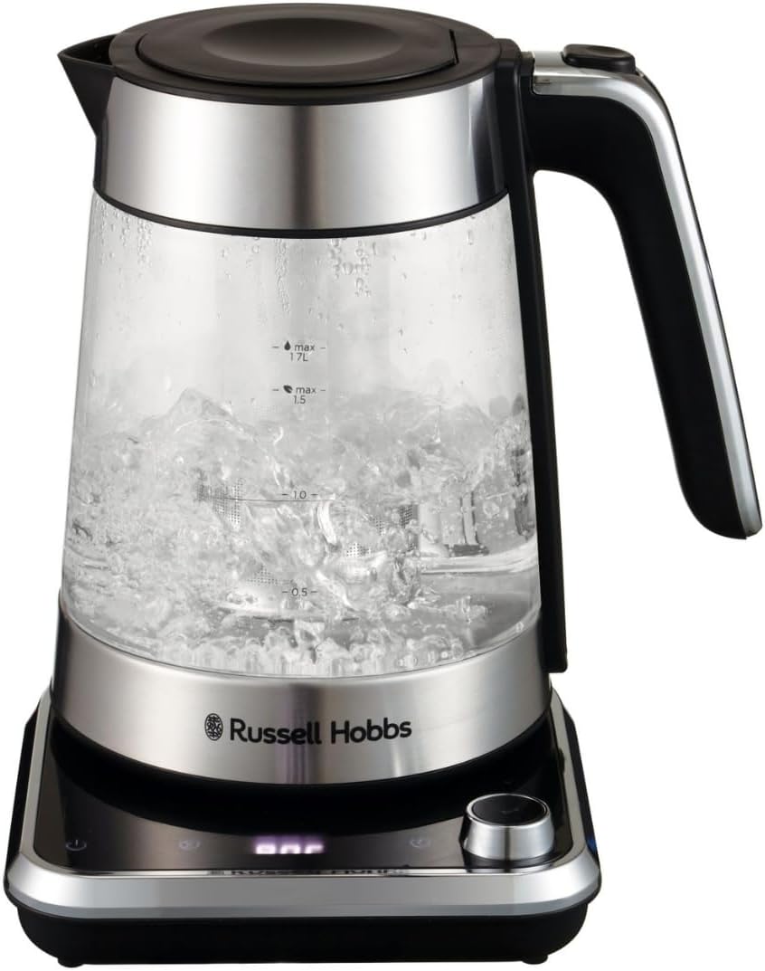 Russell Hobbs Waterkoker Met Temperatuurinstelling 25°-100°C Dankzij de warmhoudfunctie wordt het reeds gekookte water op de geselecteerde temperatuur warm gehouden. De waterkoker heeft een waterniveau-indicator. Electric Kettles €47.99 glas,waterkoker,zw