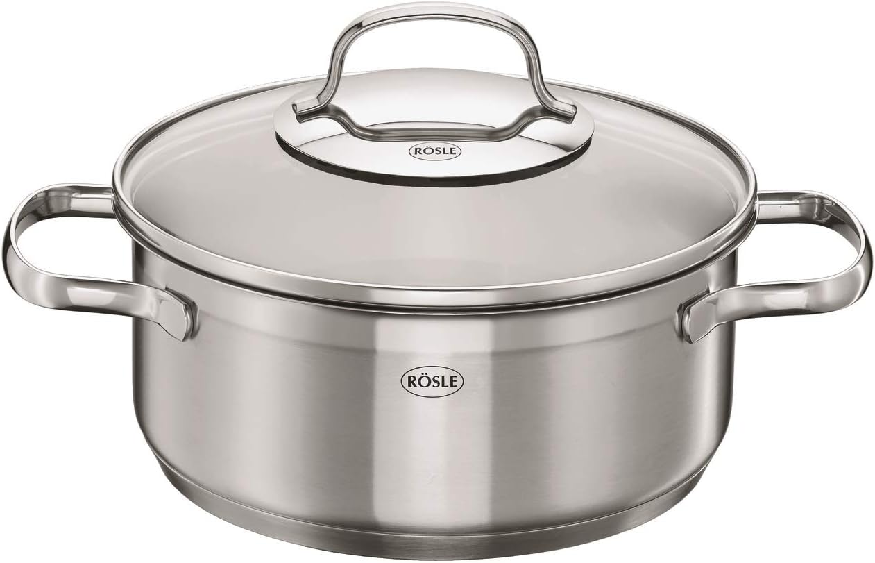 Rösle Elegance Pannenset, 10-delig, Roestvrij staal Over dit item Rösle Elegance, de pannenset van roestvrij staal, bestaat uit: Braadpan (20 cm) en kookpan (16/20/24 cm) inclusief glazen deksel, stoominzet (20 cm), sauspan met steel (16 cm), melkpan (14